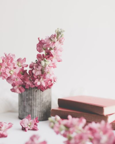 Kuvituskuva, maljakko, vaaleanpunaisia kukkia ja kirjoja