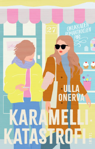 kaksi naisoletettua kävelemässä kadulla, liiketila takana, pastellinsävyt