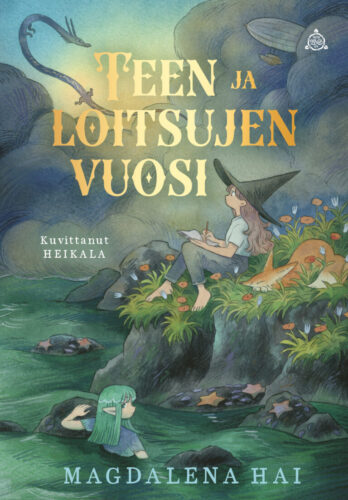 noitatyttö istumassa kalliolla vesistön äärellä, toinen sinihiuksinen satuhenkilö vedessä